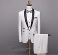 White men's 3 piece wedding tuxedo suit with black satin collar piping