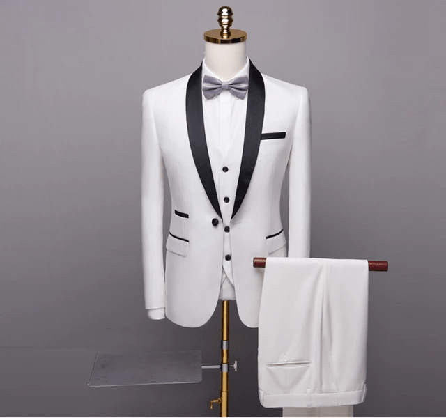White men's 3 piece wedding tuxedo suit with black satin collar piping